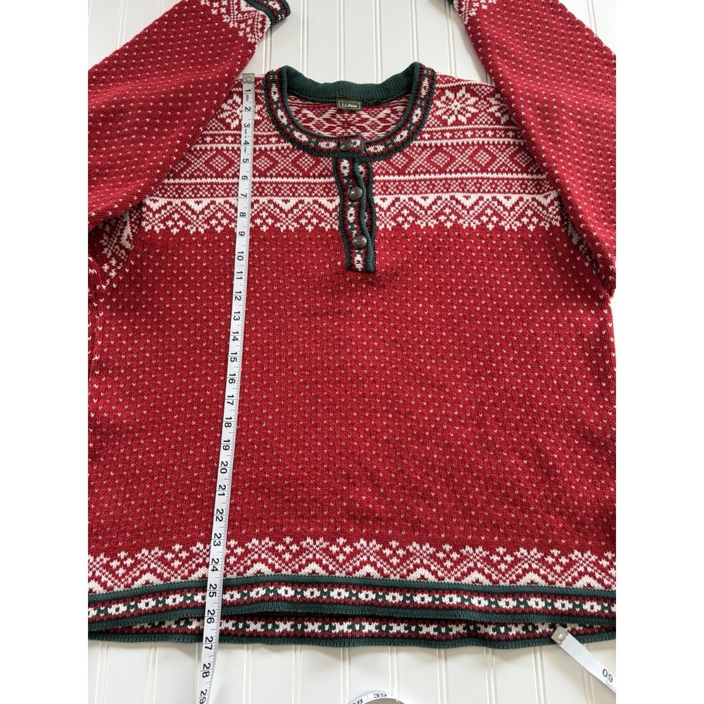 LL‎ Bean Womens Sweater L XL Red Fair Isle Nordic 1/4 Button Cotton Heavy - Picture 7 of 10